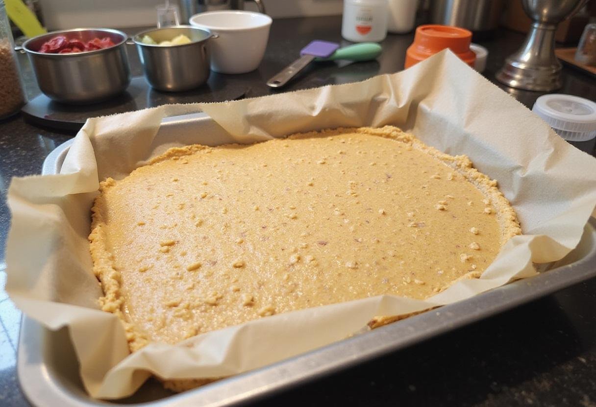 Baking tray prepared for high protein bars, showcasing the blend of healthy ingredients ready for the oven. Perfect for on-the-go snacking.
