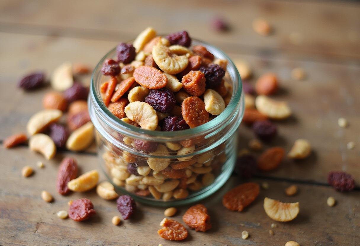 Delicious high protein trail mix in a container, featuring a blend of nuts and seeds, great for healthy snacking on-the-go.