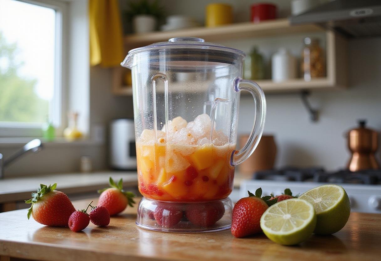 Blending fruits and ice to create a delicious homemade ninja slushie, showcasing the vibrant colors and textures.