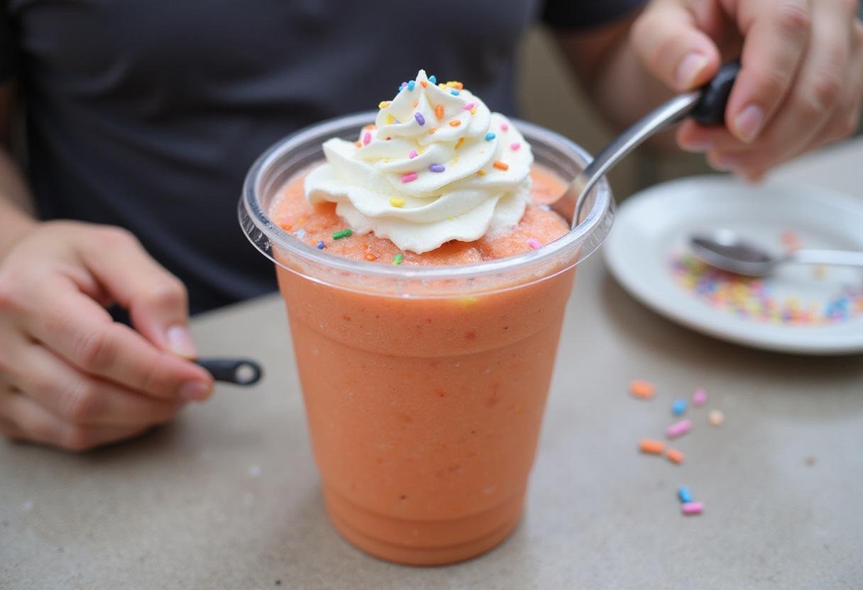 Finishing touches on a homemade ninja slushie with whipped cream and sprinkles, perfect for adding flavor and presentation.