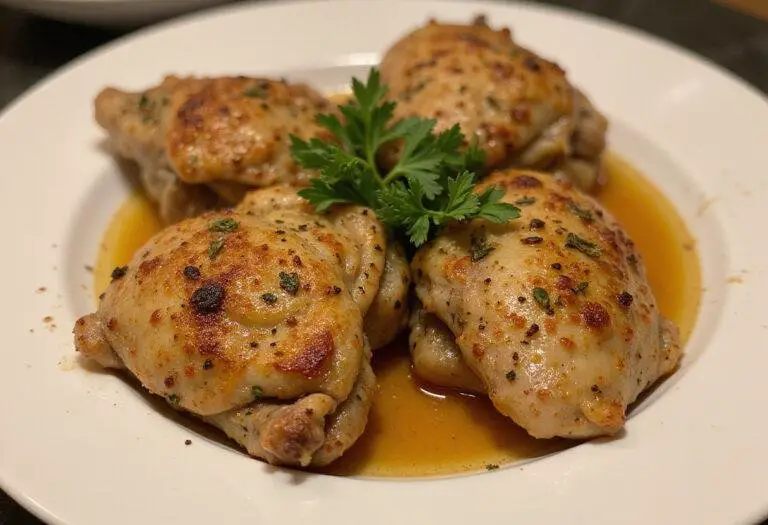 Deliciously plated air fryer chicken thighs garnished with fresh herbs, showcasing the final result of frozen chicken thighs in air fryer.
