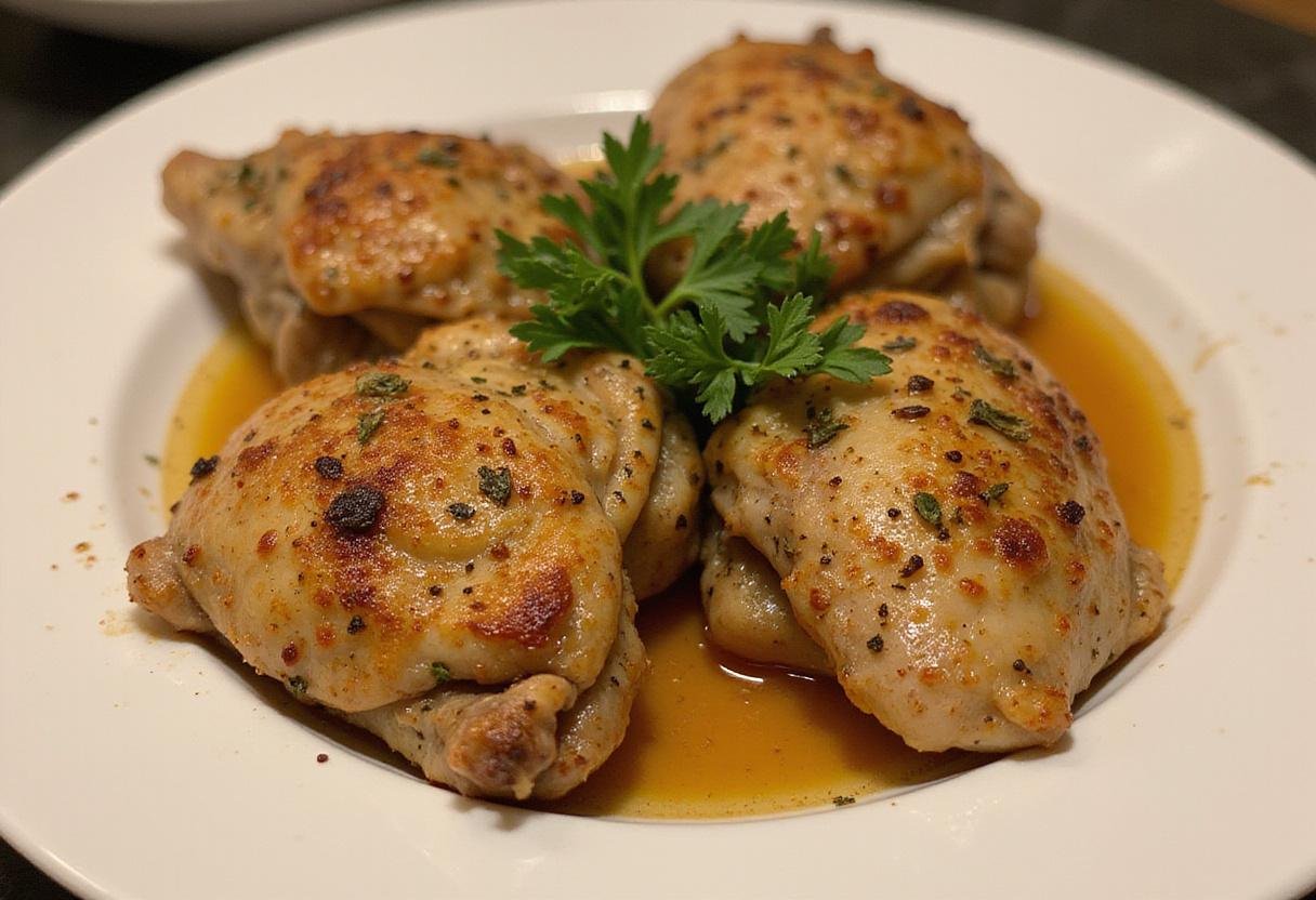 Deliciously plated air fryer chicken thighs garnished with fresh herbs, showcasing the final result of frozen chicken thighs in air fryer.