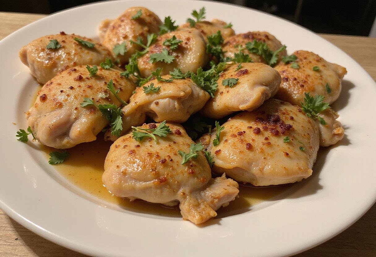 Deliciously plated air fryer chicken thighs garnished with fresh herbs, showcasing the final result of frozen chicken thighs in air fryer.