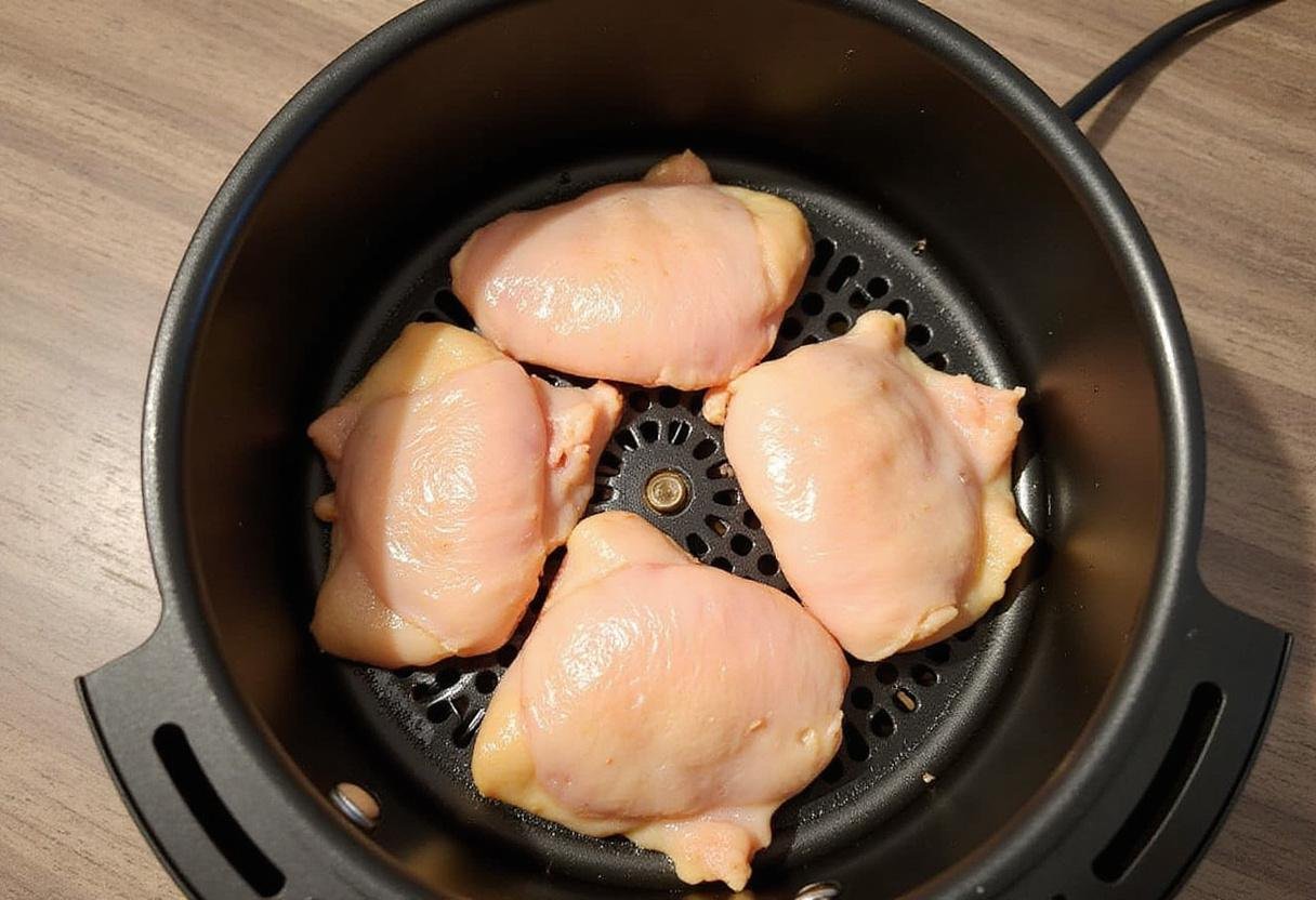 Frozen chicken thighs in air fryer setup for cooking, showcasing the preparation step for air fryer frozen chicken thighs.