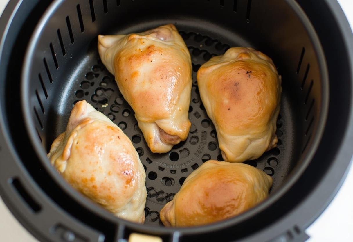 Cooked frozen chicken thighs being taken out of the air fryer, demonstrating the resting phase for air fryer frozen chicken thighs.