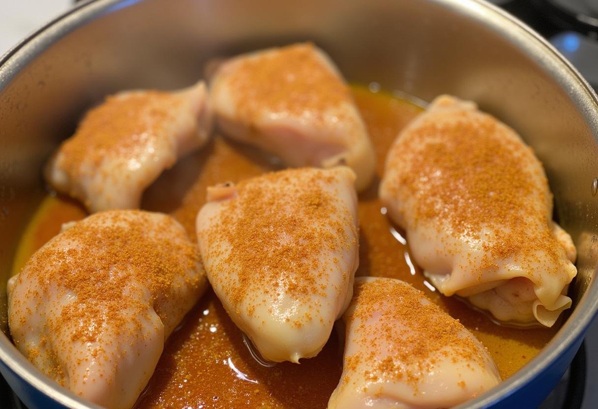 Seasoning cooked chicken thighs with herbs and spices, enhancing the flavor profile for air fryer frozen chicken thighs.
