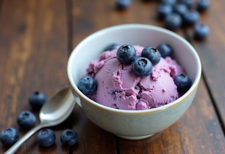 Deliciously creamy blueberry cottage cheese ice cream served in a bowl, perfect for a keto-friendly dessert.