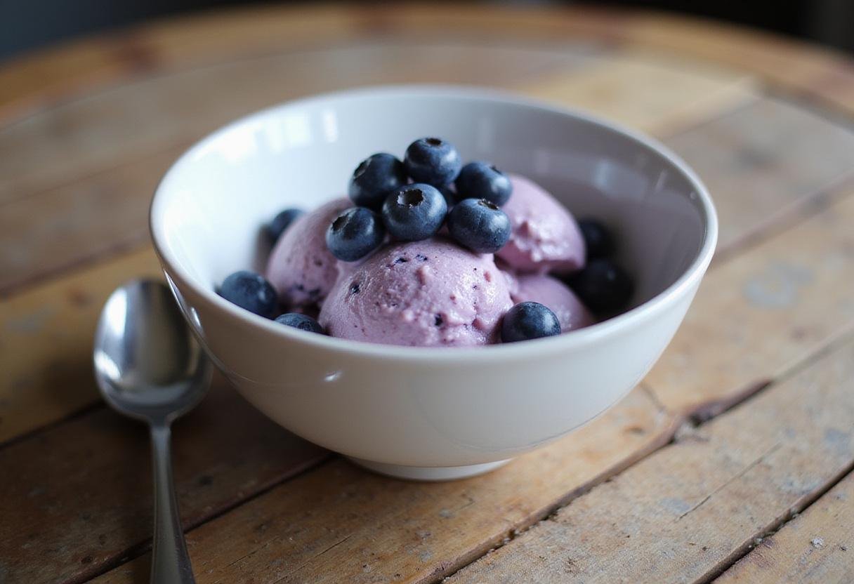 Deliciously creamy blueberry cottage cheese ice cream served in a bowl, perfect for a keto-friendly dessert.
