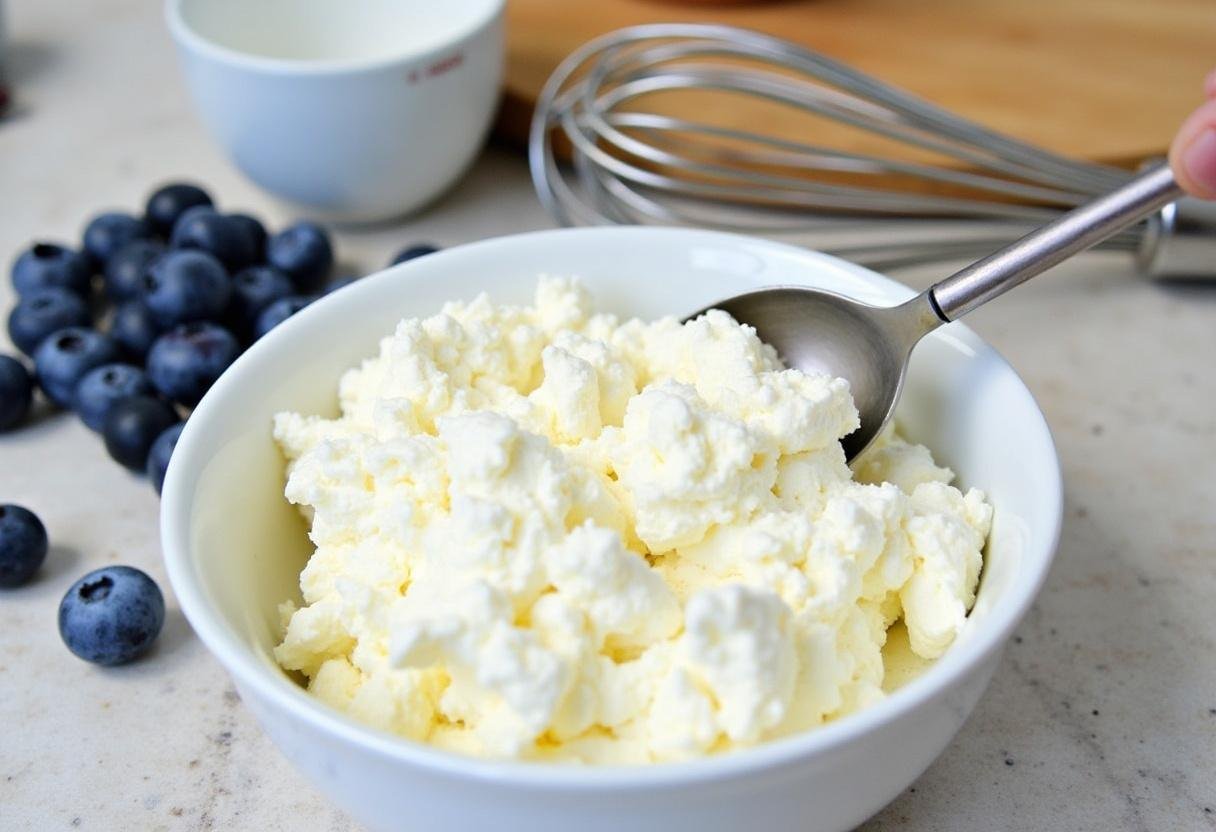 Fresh ingredients for keto cottage cheese ice cream: cottage cheese, blueberries, and preparation utensils.