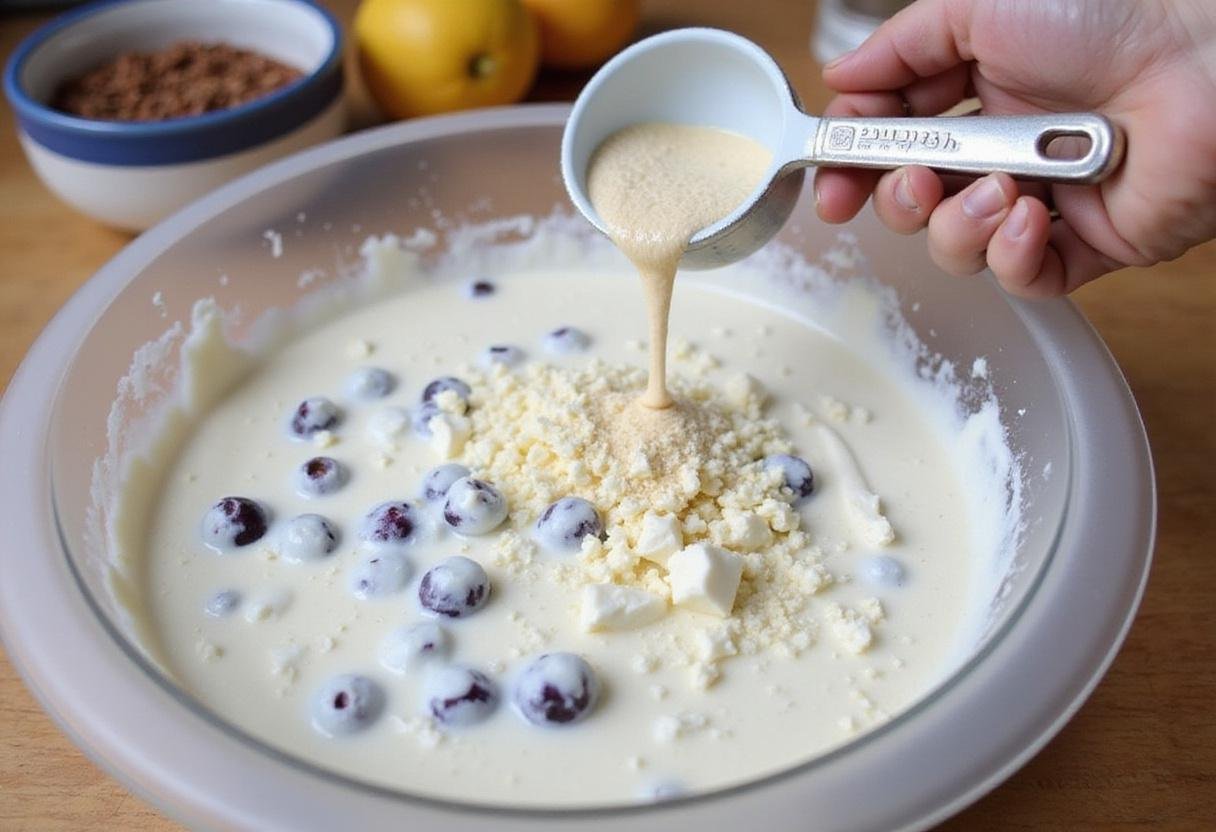 Adding sweetener to cottage cheese for delicious blueberry cottage cheese ice cream.