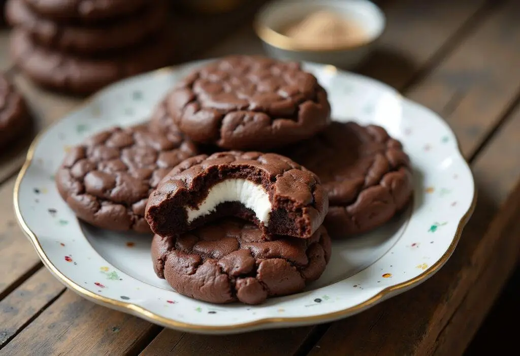 Final presentation of chocolate marshmallow and mint chocolate cookies on a plate, perfect for dessert lovers seeking delicious chocolate mint cookies.