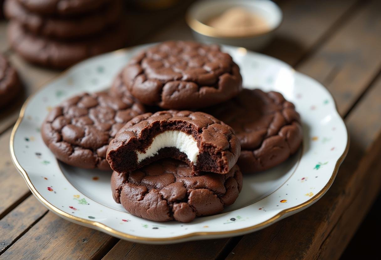 Final presentation of chocolate marshmallow and mint chocolate cookies on a plate, perfect for dessert lovers seeking delicious chocolate mint cookies.