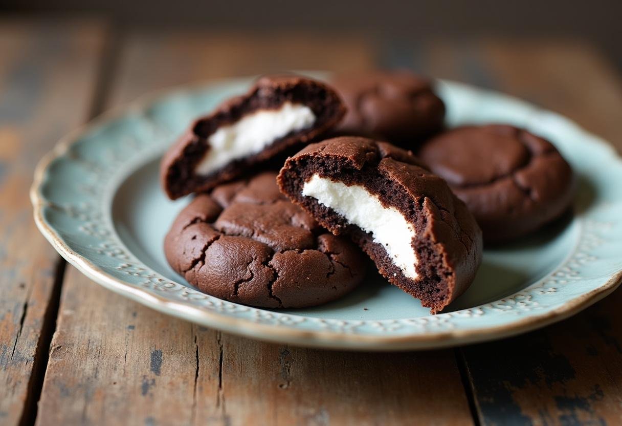 Final presentation of chocolate marshmallow and mint chocolate cookies on a plate, perfect for dessert lovers seeking delicious chocolate mint cookies.