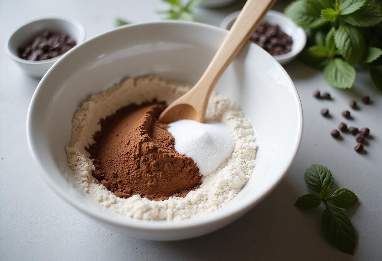 Preparation of chocolate marshmallow cookies with flour and cocoa in a mixing bowl, ideal for chocolate mint cookies.