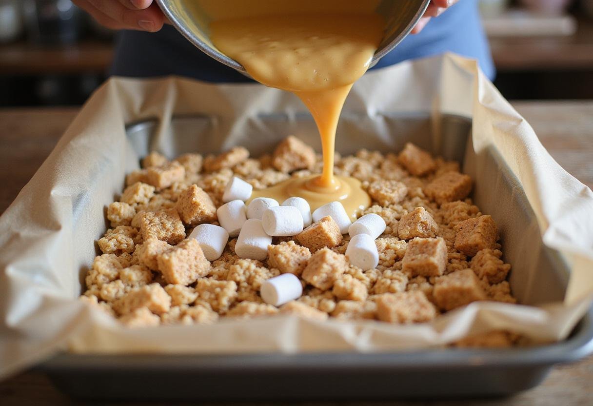 Pouring the mixture for chocolate mint cookies into a baking tray, showcasing marshmallows and rice krispies for delicious chocolate chip and marshmallow cookies.