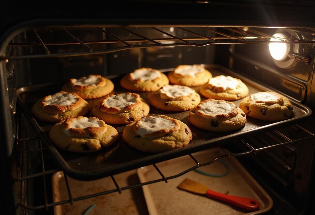 Freshly baked chocolate marshmallow cookies being taken out of the oven, perfect for chocolate chip marshmallow cookies lovers.