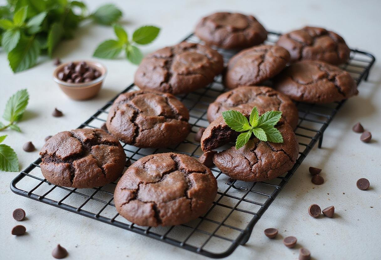 Cooling chocolate chip and marshmallow cookies on a rack, accented with chocolate chips and mint leaves for a delightful presentation.