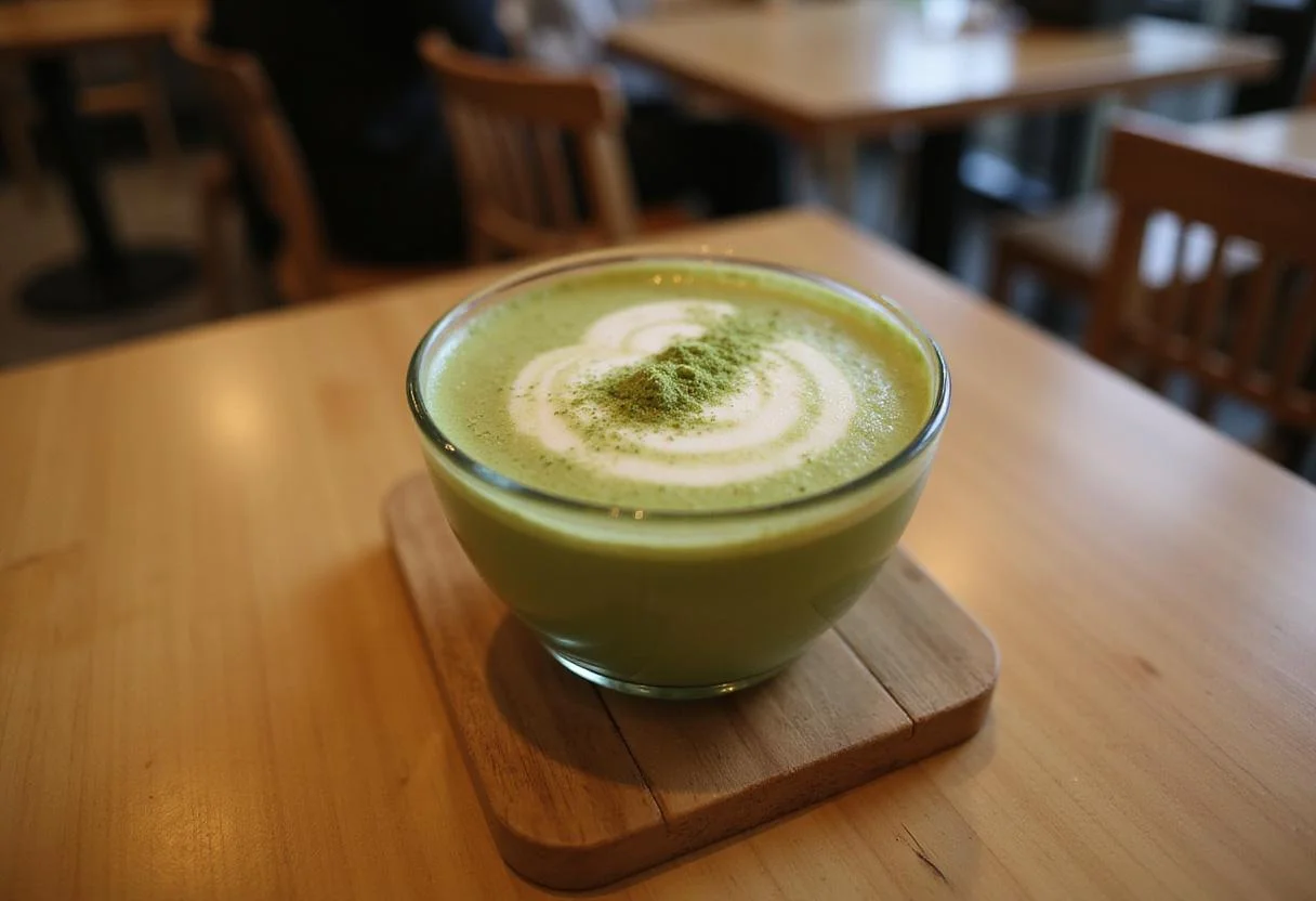 An elegantly presented matcha latte, highlighting its creamy texture and vibrant color, perfect for showcasing matcha latte calories and caffeine content.