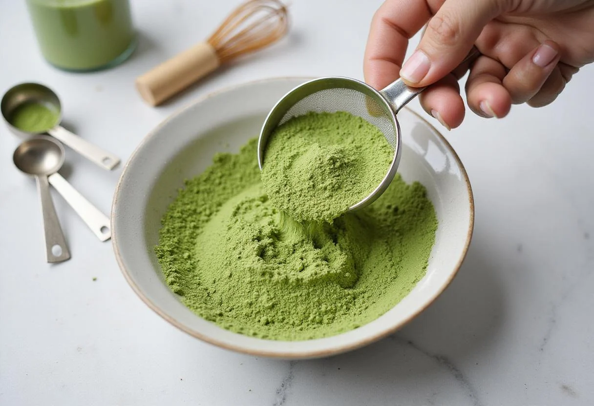 Sifting matcha powder for matcha latte preparation, showcasing the vibrant green color and tools like a bowl and whisk that highlight matcha latte calories.