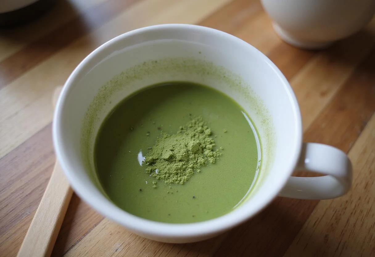Mixing matcha powder with hot water for an invigorating matcha latte, illustrating the process without focusing on hands, relevant to caffeine content in matcha latte.