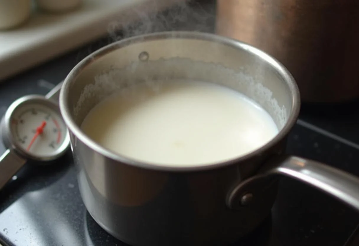 Heating milk for a rich and creamy matcha latte, showcasing the stove and thermometer, perfect for understanding the texture and flavor in matcha latte nutrition.