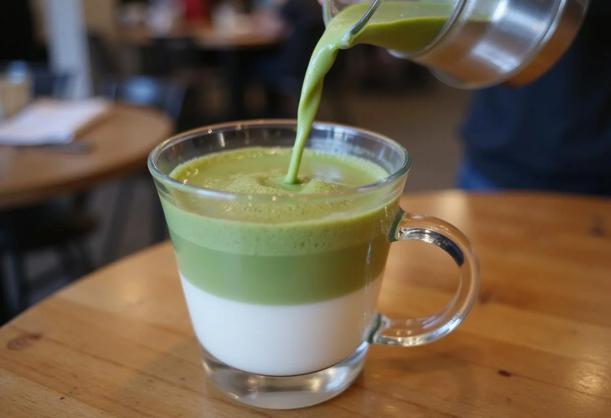 Pouring matcha latte into a glass cup, displaying the beautiful green and white layers, perfect for matcha latte enthusiasts interested in nutrition.