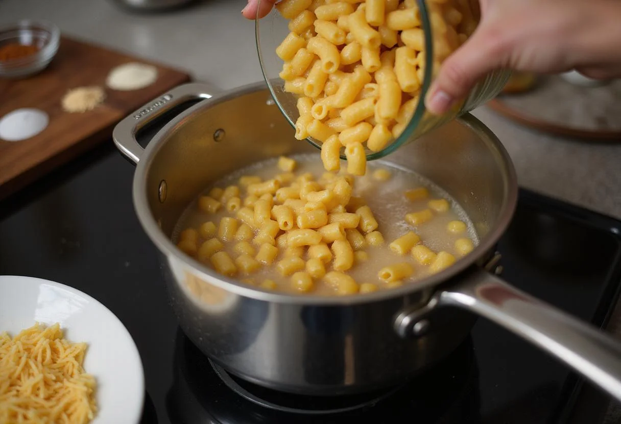 Elbow macaroni being cooked in boiling water for Mexican Mac and Cheese recipe.