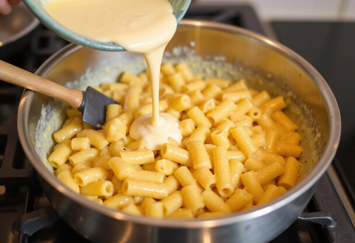 Cheese sauce mixed with macaroni for an easy Mexican Mac and Cheese dish.