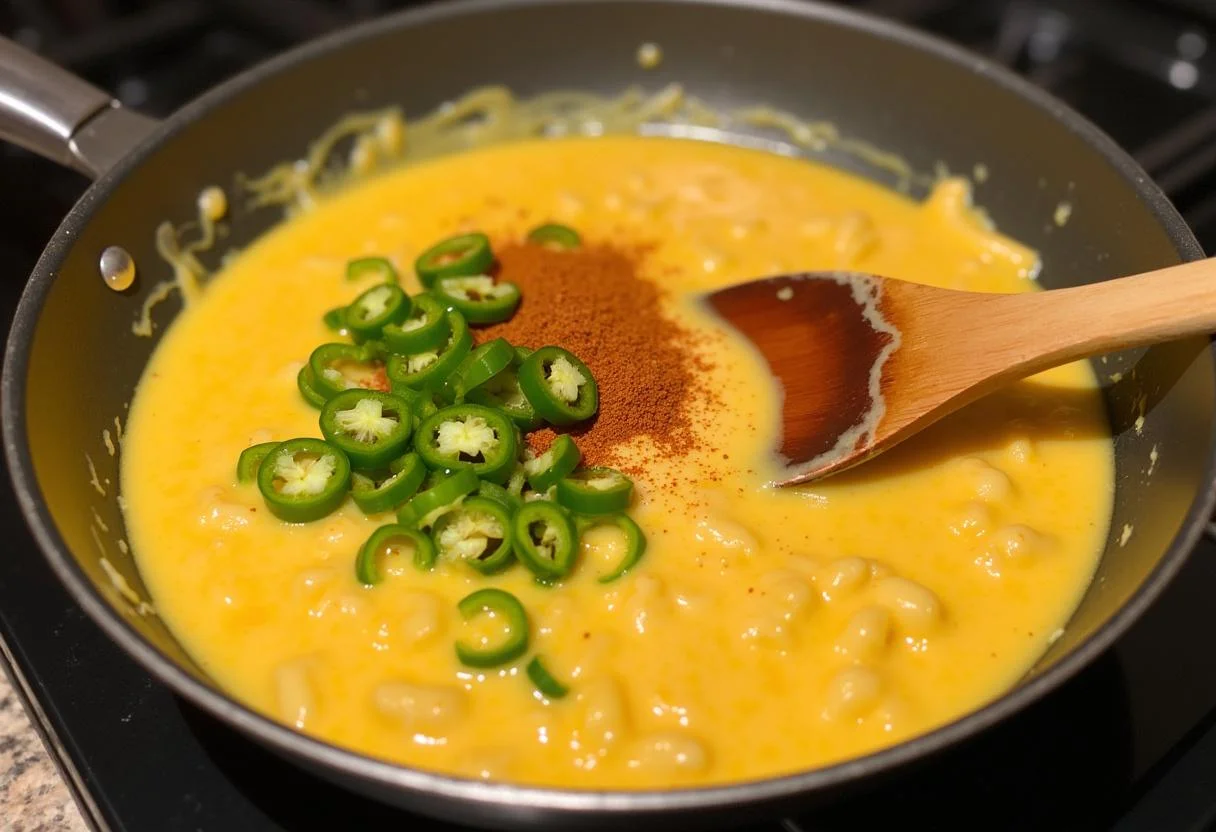 Stirring creamy Mexican Mac and Cheese with jalapeños in a skillet.