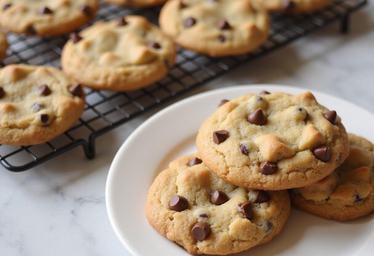 Displaying the final result of Mrs. Fields chocolate chip cookies, showcasing their delicious golden brown appearance and tempting chocolate chips.