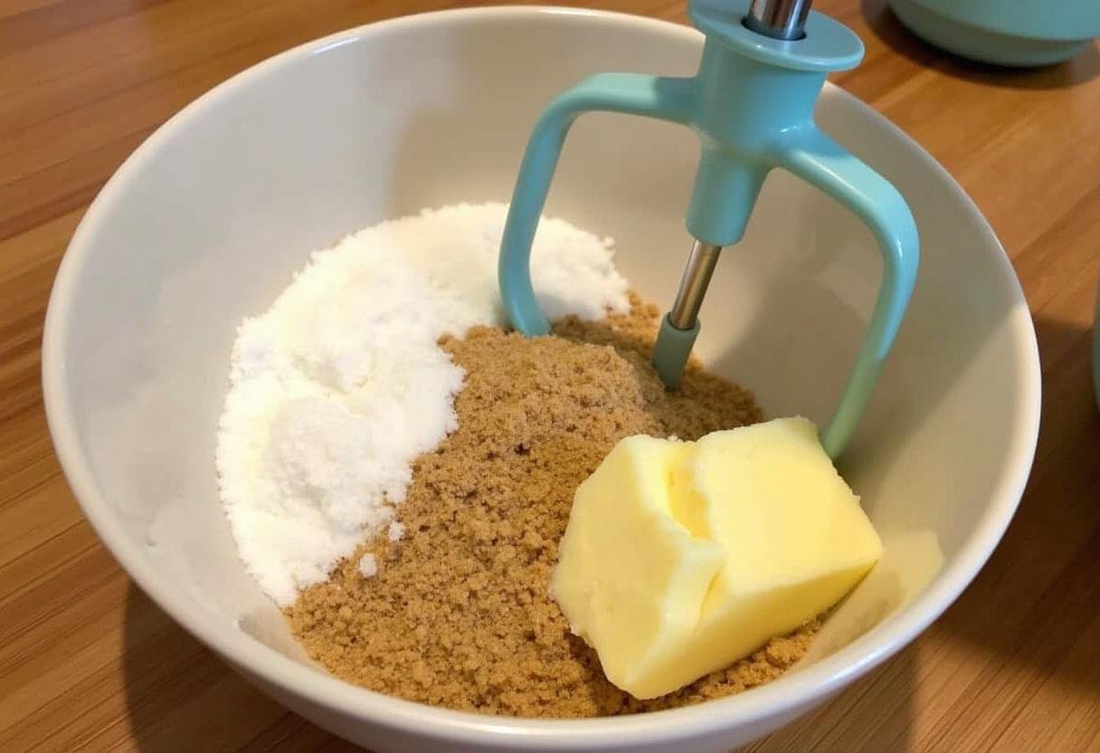 Mixing the sugars and butter for Mrs. Fields chocolate chip cookies, revealing the rich texture of the dough preparation.