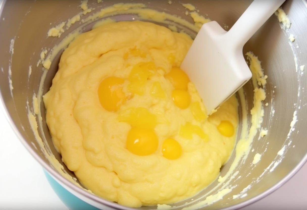 Incorporating eggs and vanilla into the chocolate chip cookie mixture like a Mrs. Fields copycat, showcasing the key steps of cookie dough preparation.