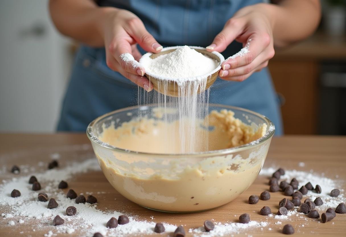 Sifting flour and baking soda for Mrs. Fields chocolate chip cookies, highlighting the ingredients that create the right cookie texture.