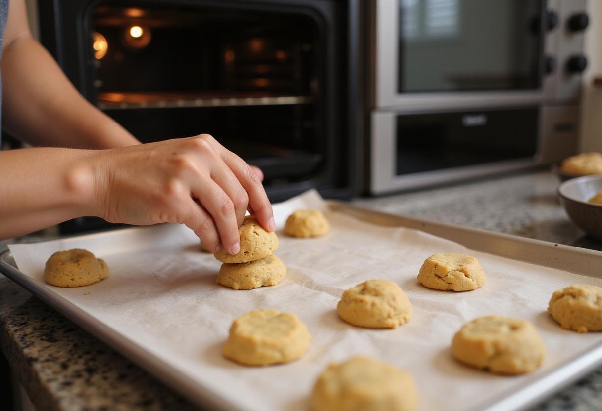 Shaping cookie dough for Mrs. Fields style chocolate chip cookies on a baking sheet, emphasizing the home baking process.