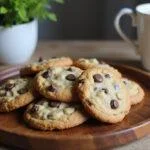 Freshly baked oatmeal coconut chocolate chip cookies served on a rustic plate, perfect for enjoying with coffee in a cozy kitchen setting.