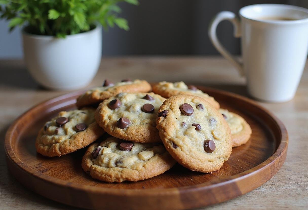 Freshly baked oatmeal coconut chocolate chip cookies served on a rustic plate, perfect for enjoying with coffee in a cozy kitchen setting.