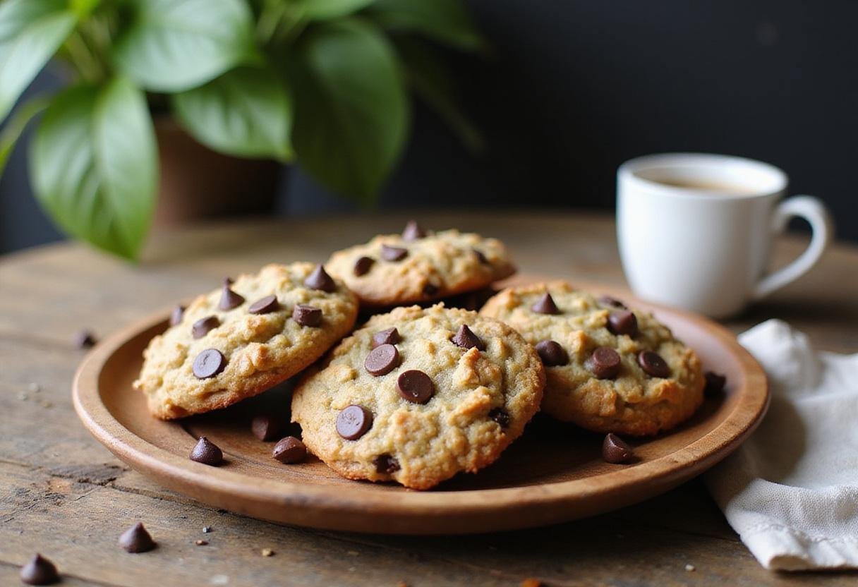 Freshly baked oatmeal coconut chocolate chip cookies served on a rustic plate, perfect for enjoying with coffee in a cozy kitchen setting.