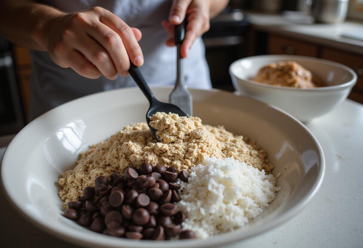 Mixing oats, coconut, and chocolate chips for homemade oatmeal coconut chocolate chip cookies, healthy baking ingredients on the counter.