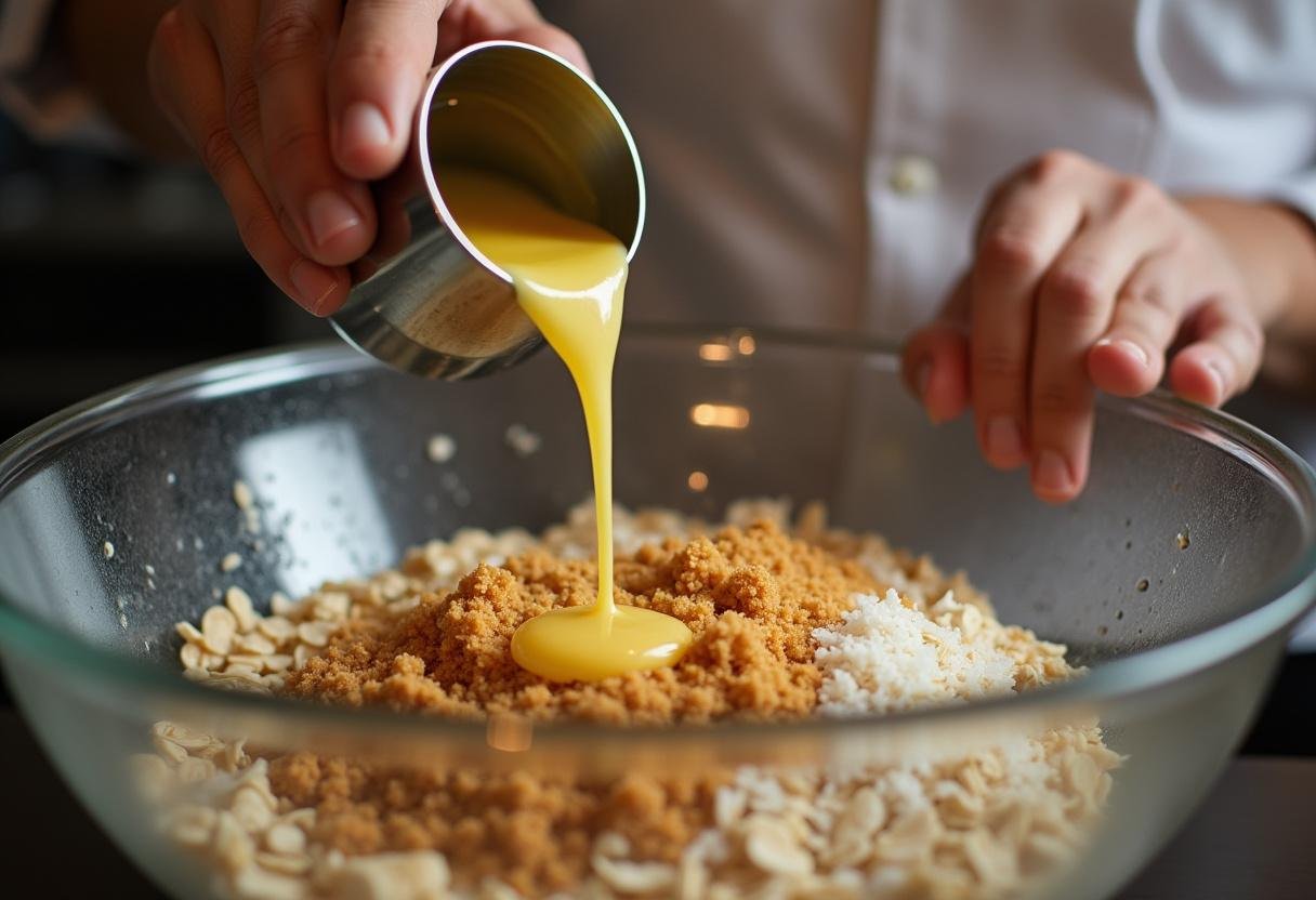 Combining melted butter and brown sugar with oats and coconut for delicious oatmeal coconut chocolate chip cookies, the ideal cookie dough preparation.