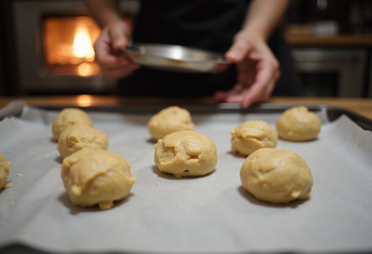 Shaping and placing cookie dough balls on a baking sheet, preparing to bake freshly made oatmeal coconut chocolate chip cookies in a warm home kitchen.