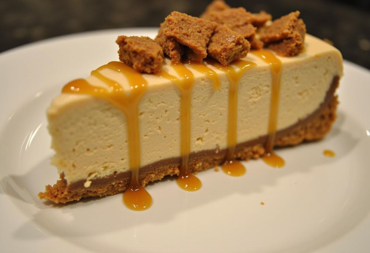 Finished Peanut Butter Butterfinger Cheesecake with caramel drizzle and candy topping.