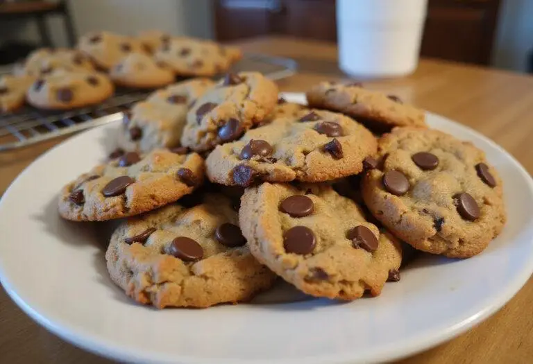 Deliciously baked peanut butter oatmeal chocolate chip cookies displayed on a plate, showcasing their gooey texture and warm chocolate chips.