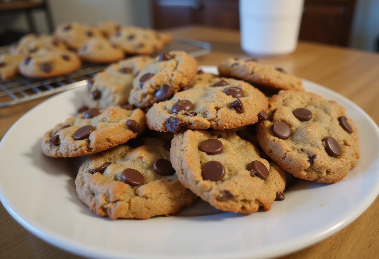 Deliciously baked peanut butter oatmeal chocolate chip cookies displayed on a plate, showcasing their gooey texture and warm chocolate chips.