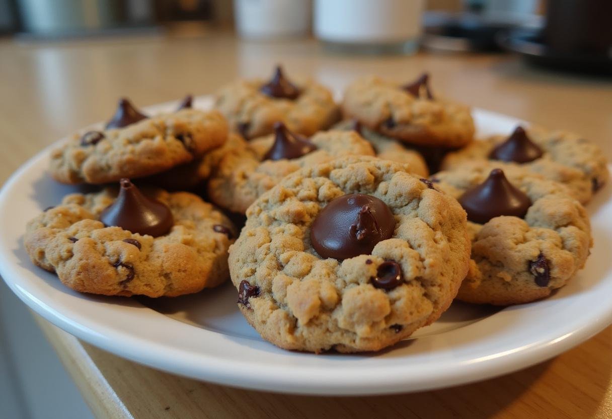 Deliciously baked peanut butter oatmeal chocolate chip cookies displayed on a plate, showcasing their gooey texture and warm chocolate chips.