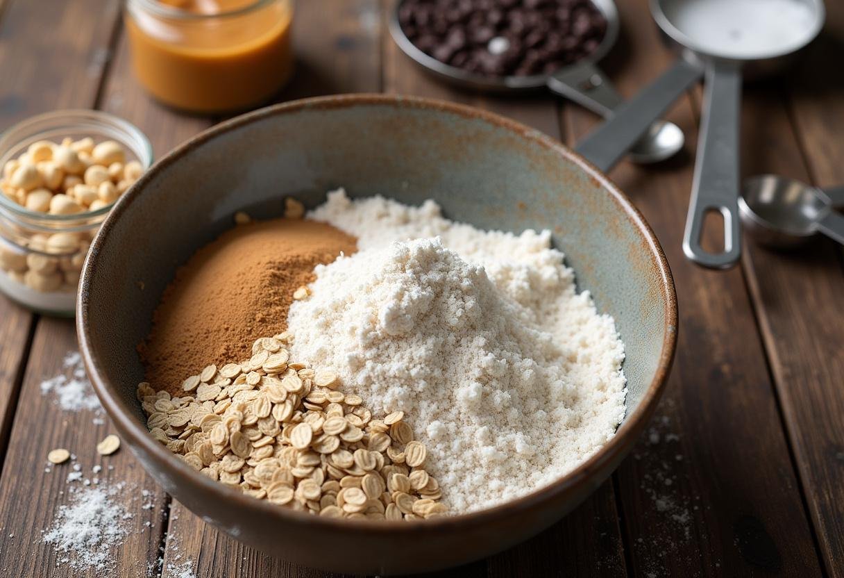 Ingredients for peanut butter oatmeal chocolate chip cookies on a wooden table, including flour, oats, sugar, peanut butter, and chocolate chips.