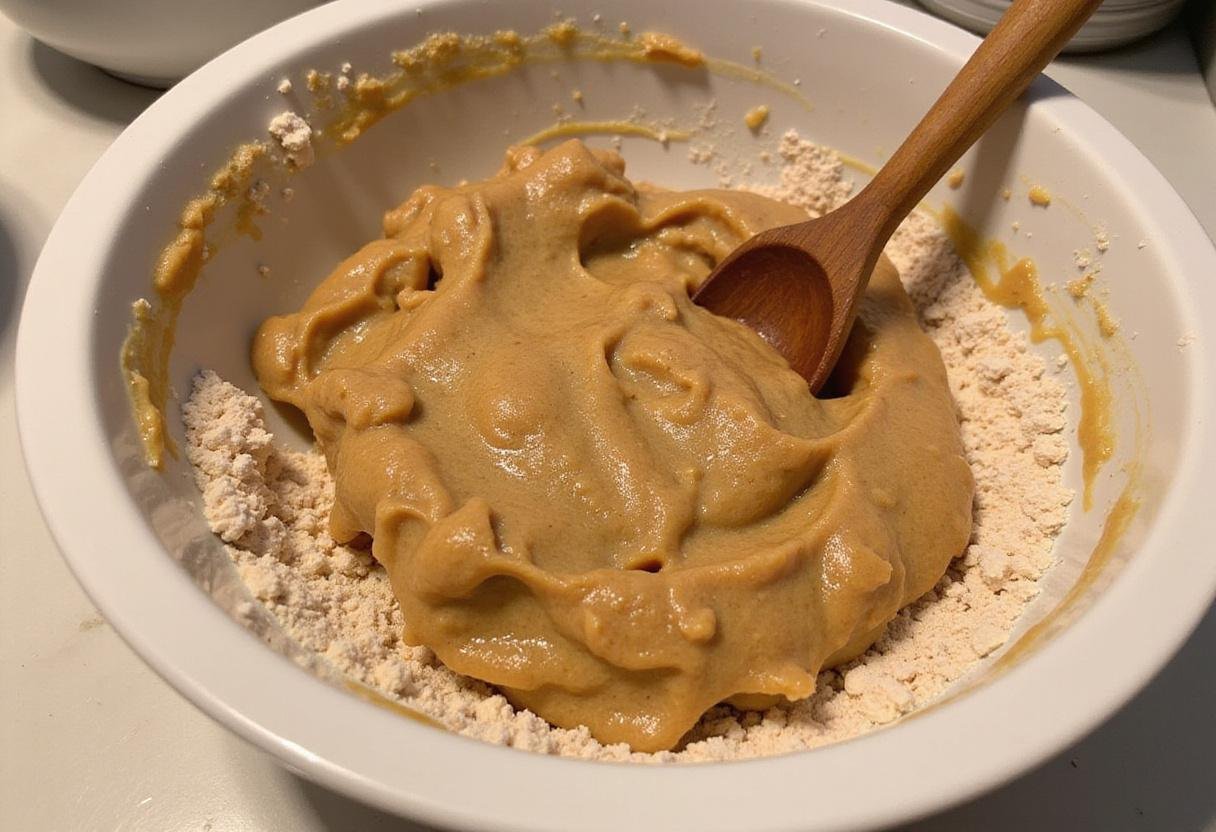 Mixing the ingredients for peanut butter oatmeal chocolate chip cookies in a bowl with a wooden spoon, showcasing the thick consistency of the dough.