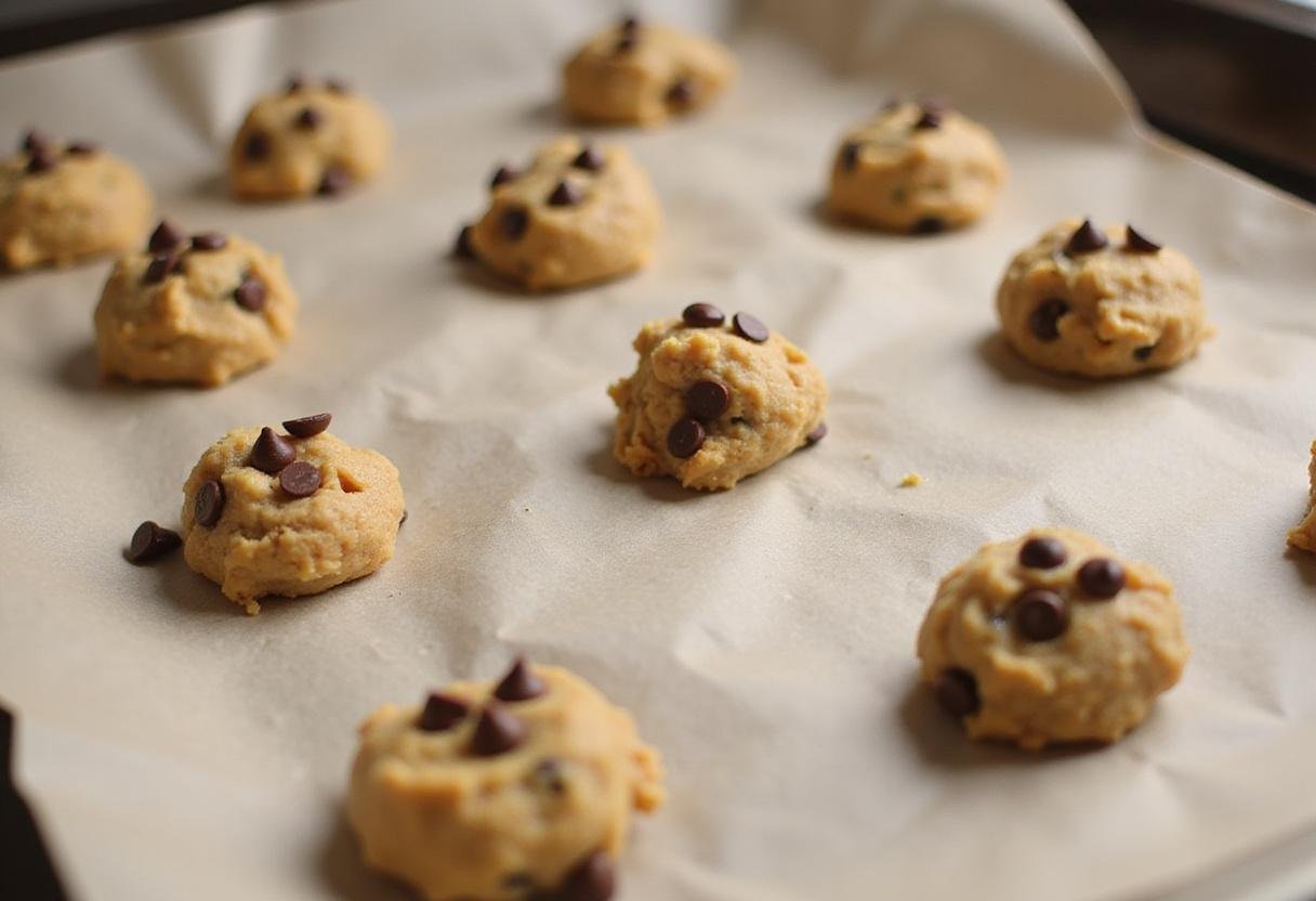 Spoonfuls of raw peanut butter oatmeal chocolate chip cookie dough arranged on a parchment-lined baking sheet, ready for baking.