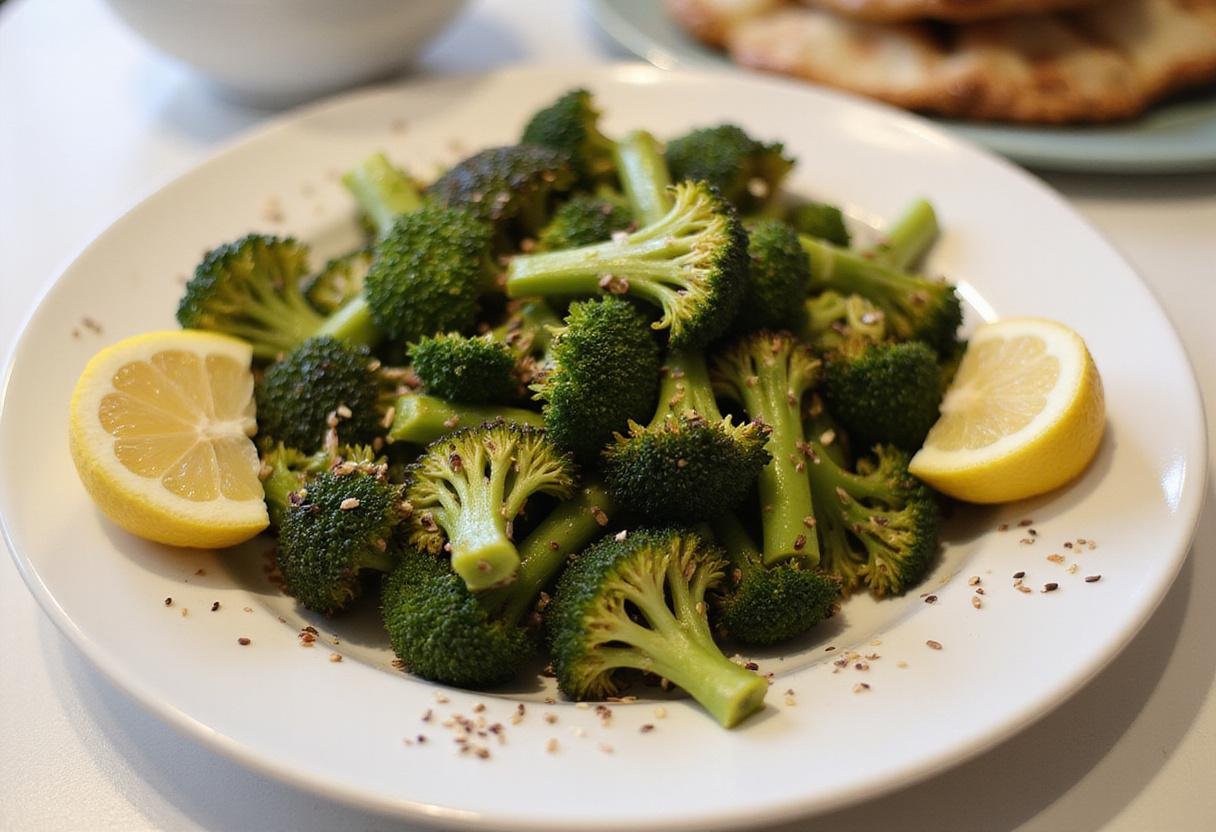 Final presentation of air fryer roasted broccoli garnished with lemon and sesame seeds, highlighting the delicious flavors.