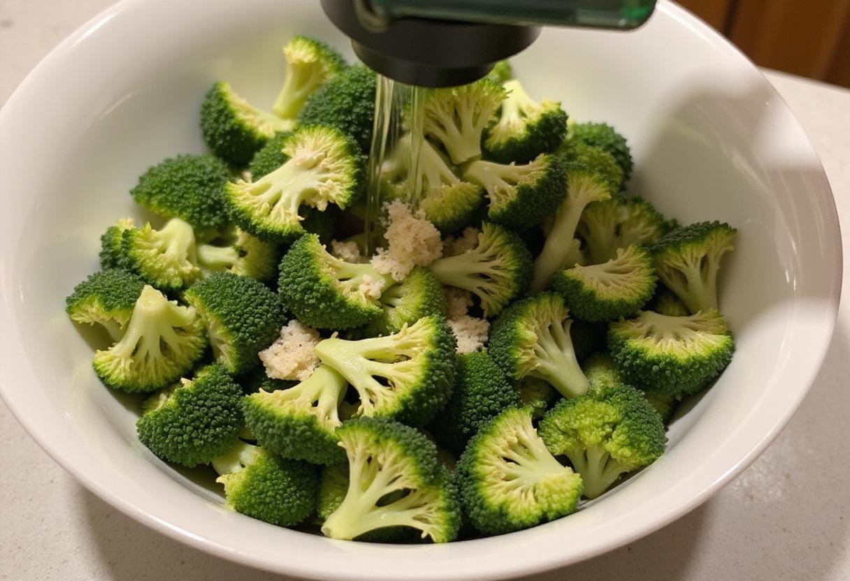 Fresh broccoli florets tossed in olive oil and garlic powder for air fryer roasted broccoli preparation.