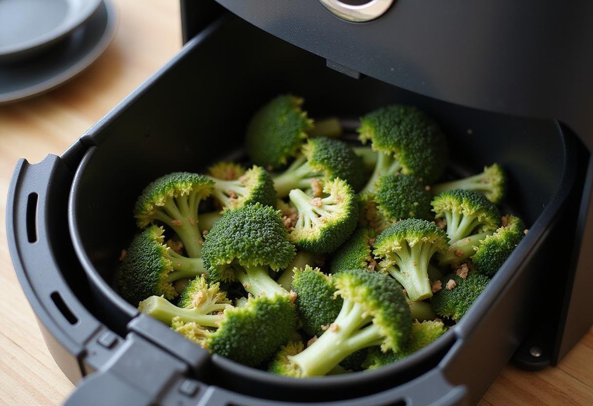 Seasoned broccoli arranged in an air fryer basket, preparing for perfectly roasted broccoli in an air fryer.